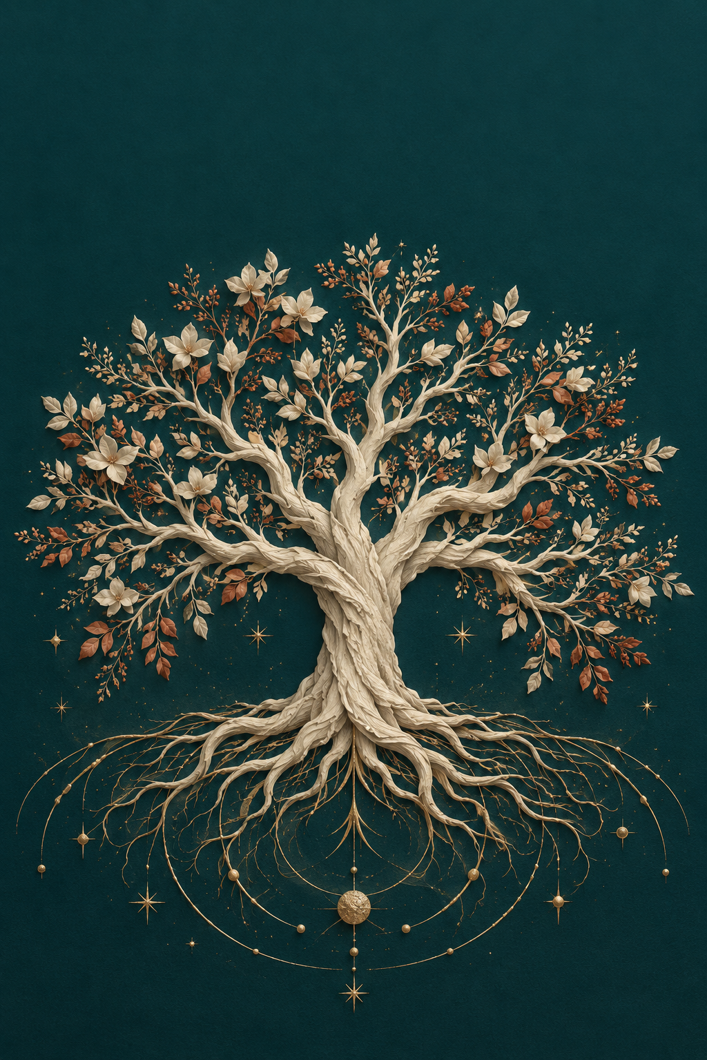 An ivory tree with golden celestial roots against a deep teal sky